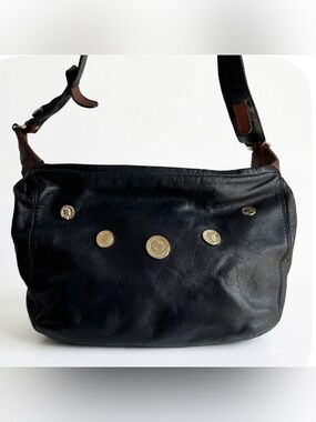 Tuscans Italy Black Genuine Leather Shoulder Bag with Gold Medallions Coin